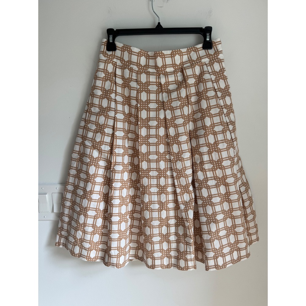 Ann Taylor Tan White Geometric Link Print Cotton Linen Pleated A-Line Skirt 2